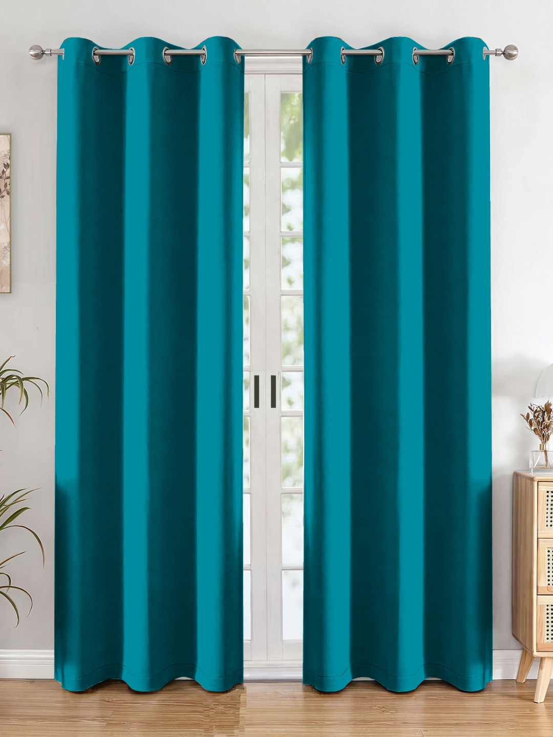 Aura Teal Blue 2 Pieces Black Out Door Curtains