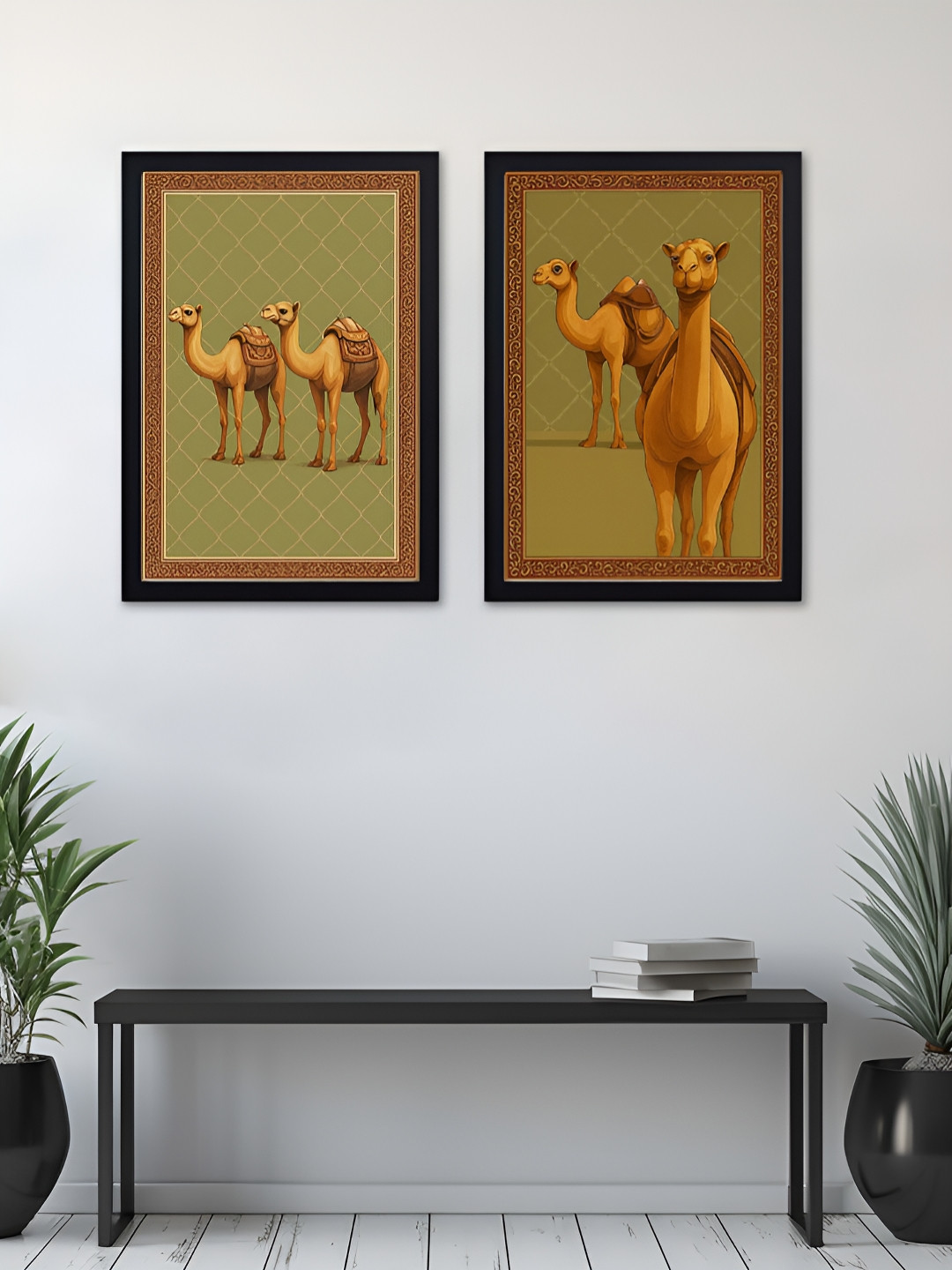 Giftii Black & Green 2 Pieces Desert Caravan Camels Wooden Wall Arts