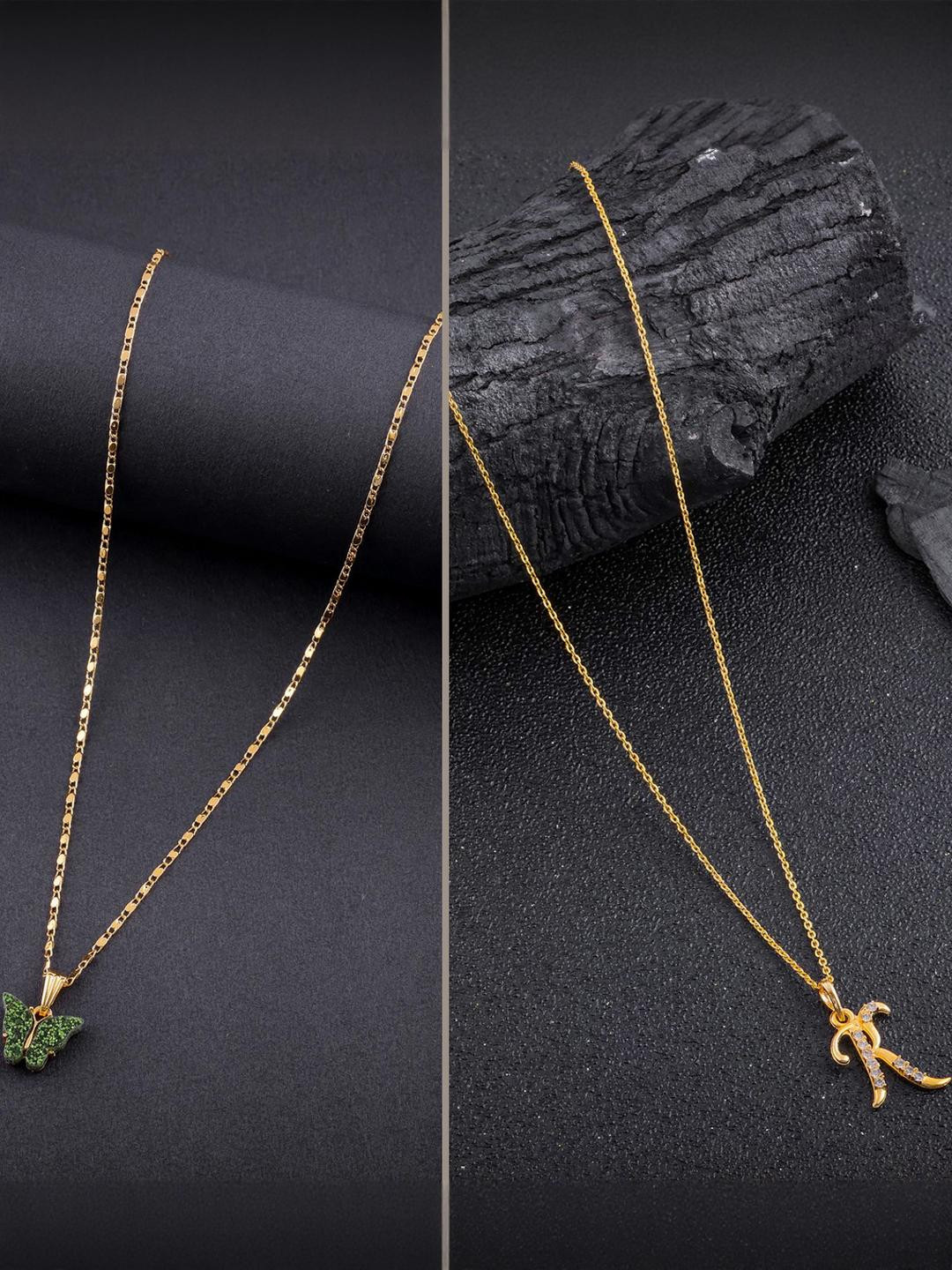 DressBerry Set of 2 Gold-Plated Stone Studded Butterfly & R letter Pendants with Chains