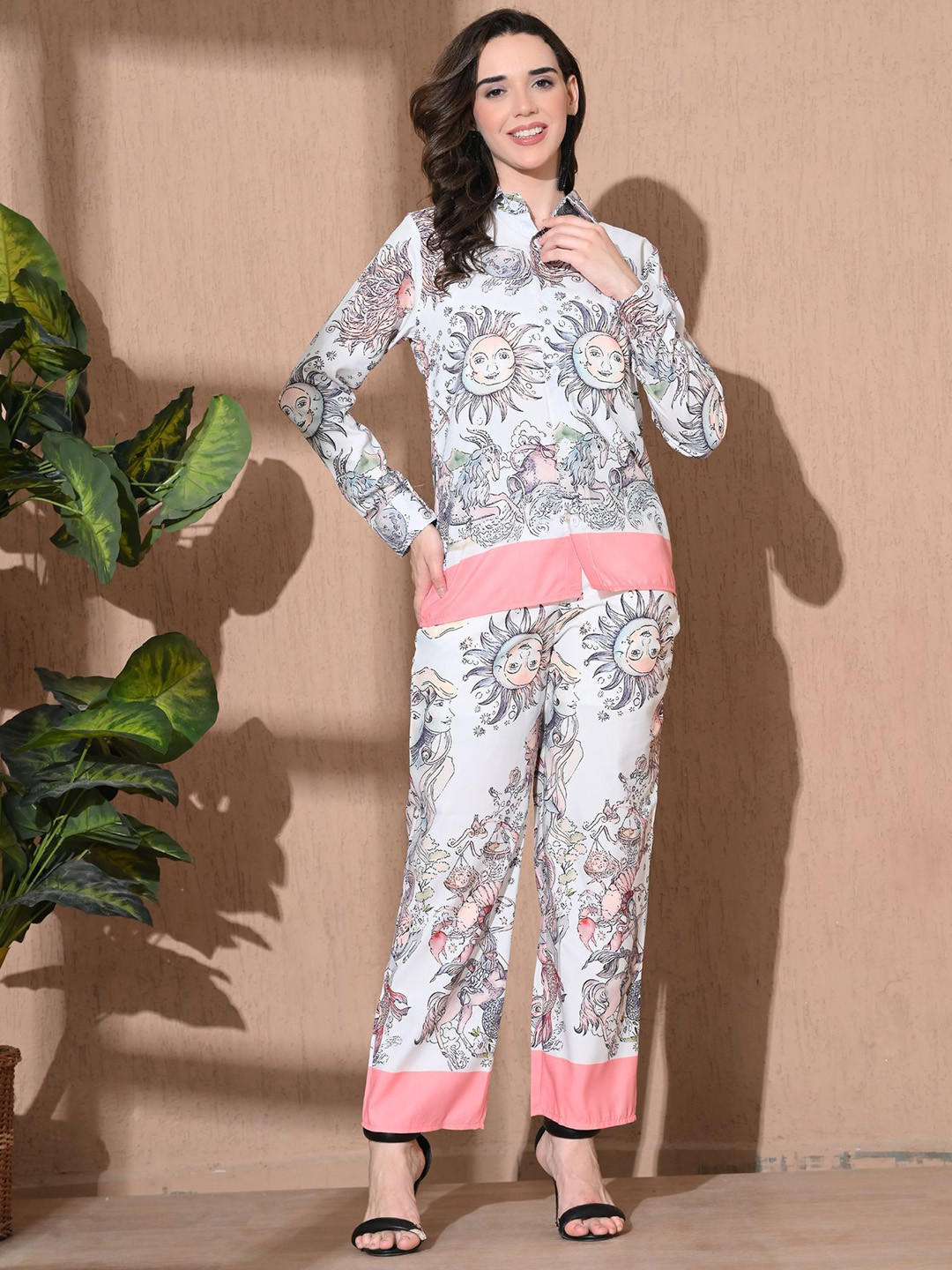 TJ FASHION Printed Pure Cotton Shirt Collar Shirt With Trousers Co-Ords Set