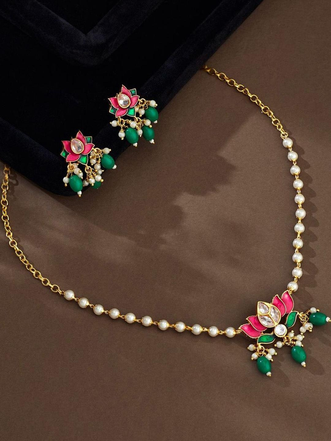 Anouk gold plated & Emerald green - pink polki kundan stone studded floral delicate necklace