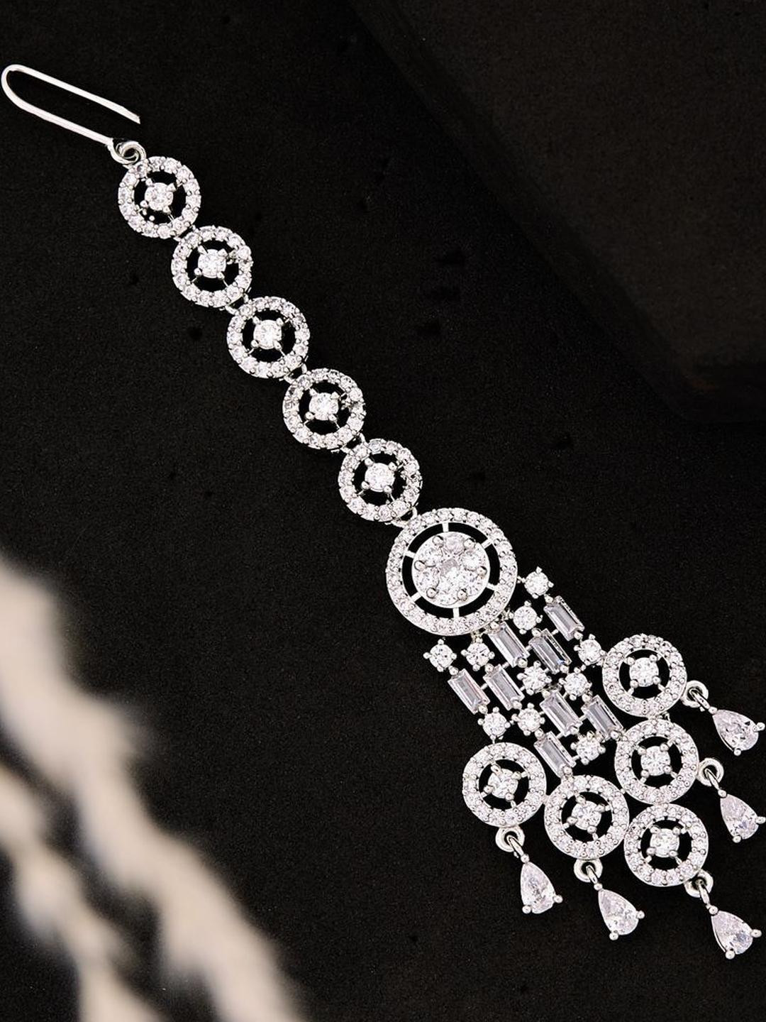 Anouk Silver-Plated Cubic Zirconia Studded Triangle Shaped Maang Tikka