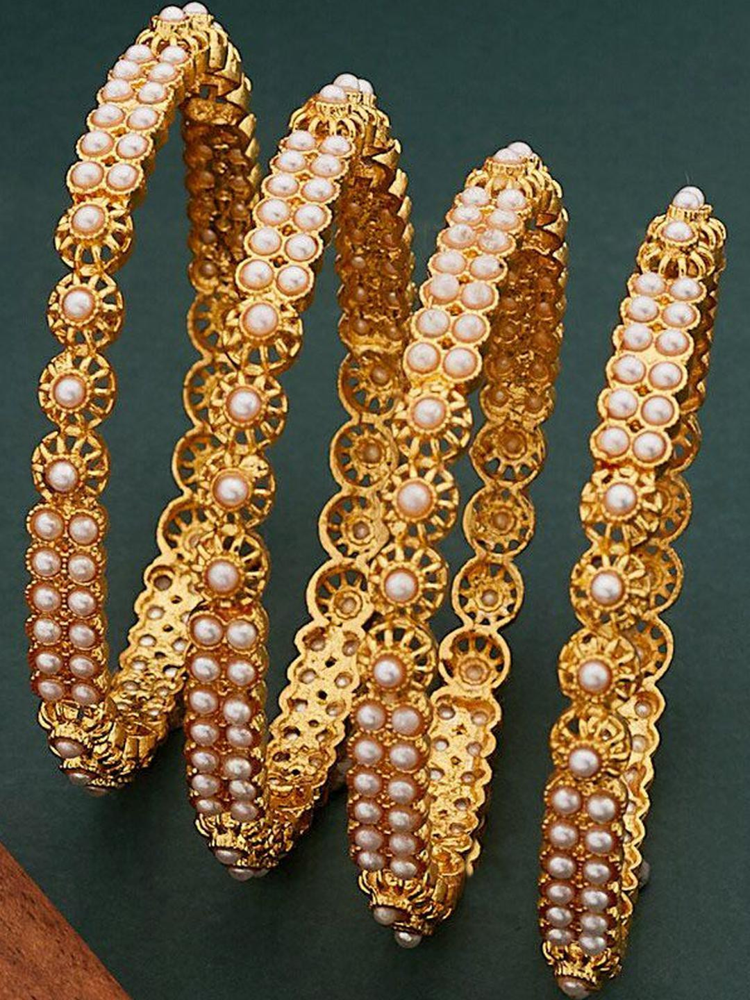 Anouk Gold-Plated Set of 4 Pearl Stone-Studded exquisite Handcrafted Bangles