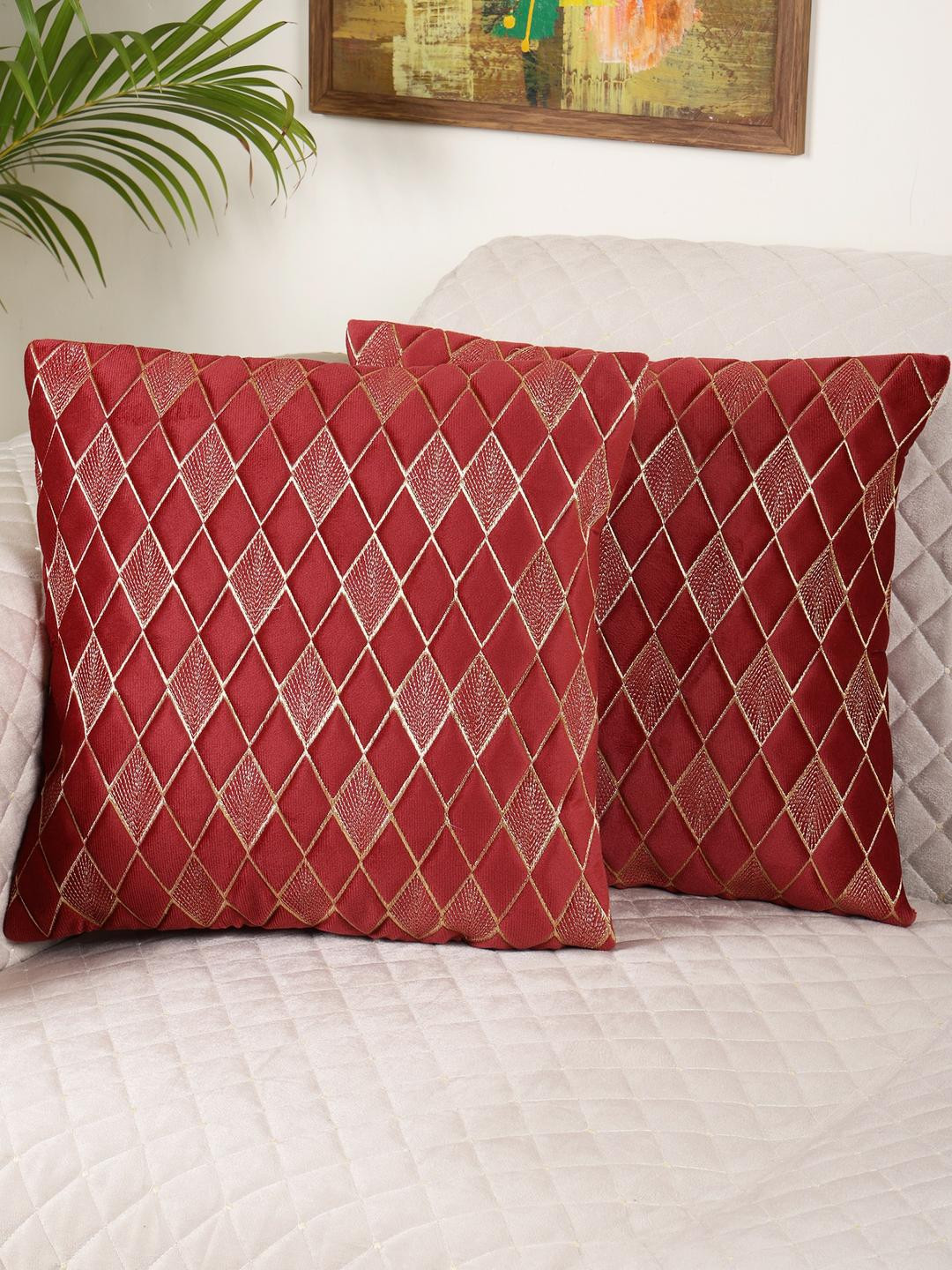 TANLOOMS Diamond Embroidered Maroon Velvet Washable 2 Pcs Square Cushion Covers -16x16In