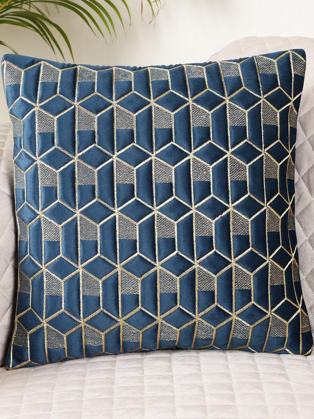TANLOOMS Geometric Hexa Blue Velvet Washable Embroidered Square Cushion Cover -16x16In
