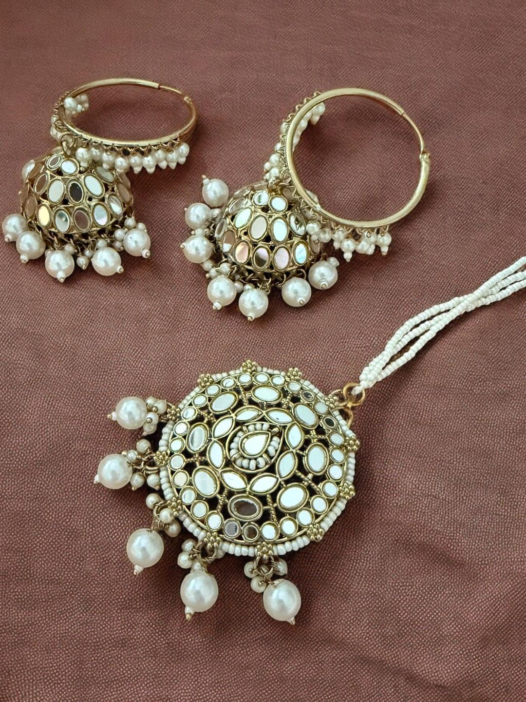 Anouk Pearls Beaded Circular Dome Shaped Jhumkas And Maang Tikka Set