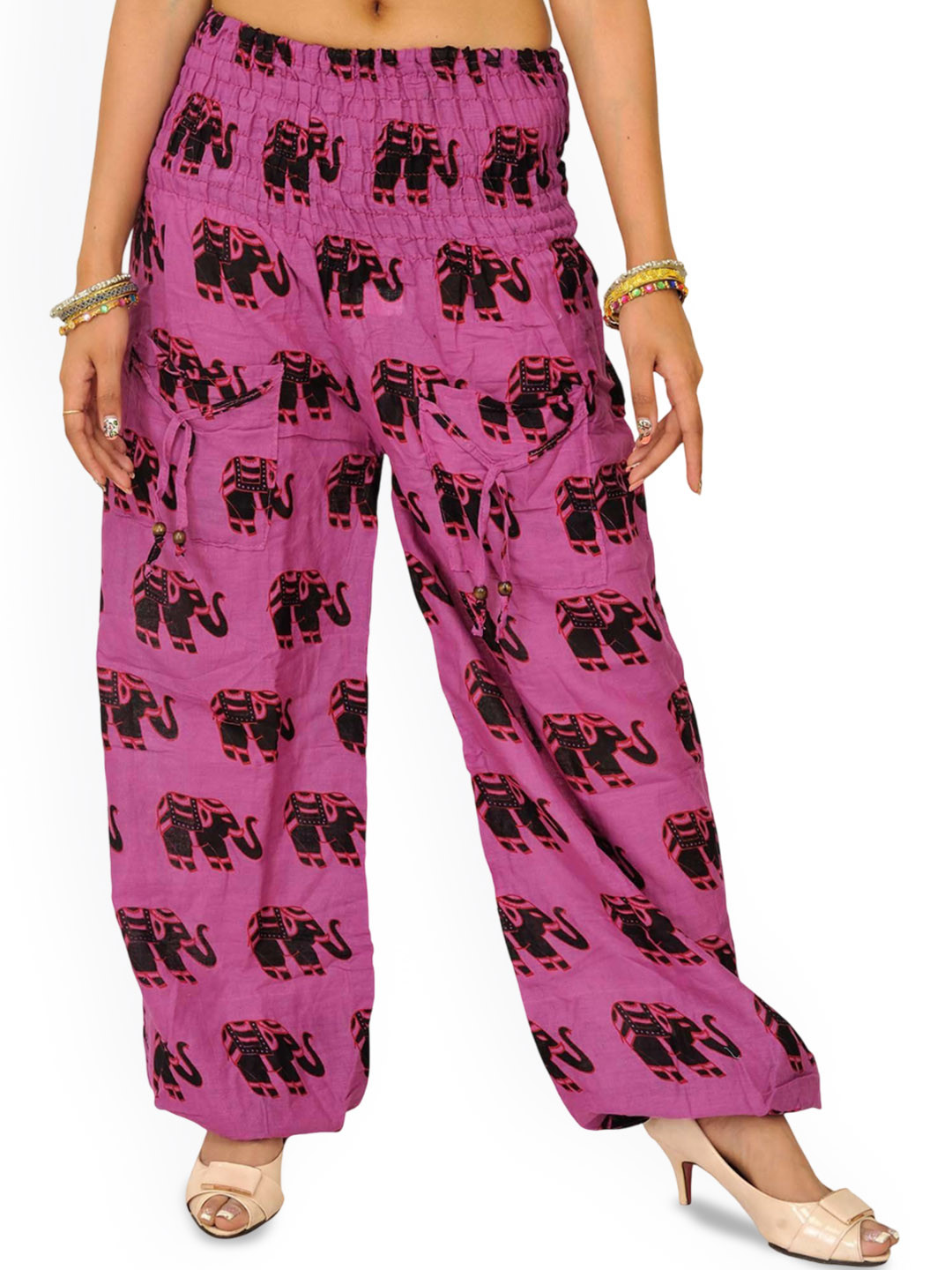Exotic India Women Pure Cotton Yoga Trousers With Printed Elephants and Front Pockets