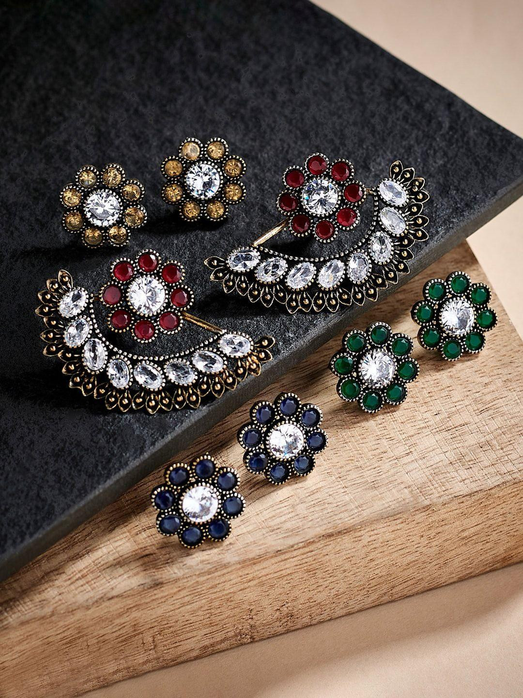 Anouk Set Of 4 German Silver-Plated Artificial Stone Studded Floral Studs