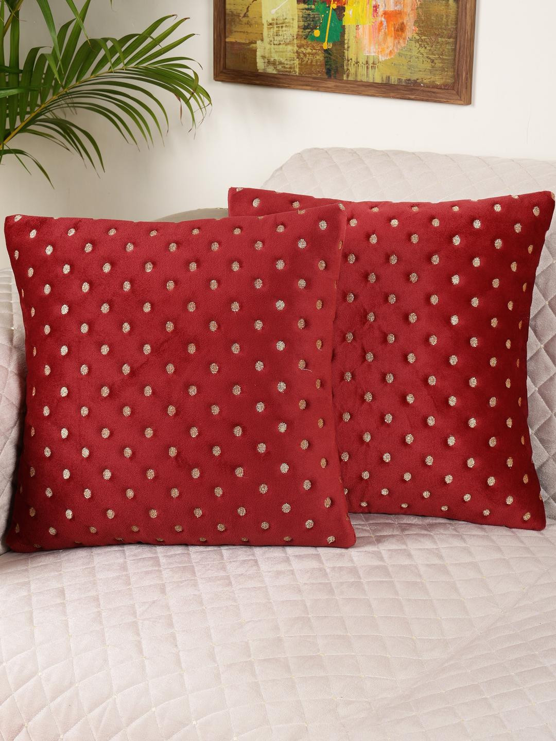 TANLOOMS Polka Dot Embroidered Velvet Washable 5 Pcs Cushion Covers - 16 x 16 Inches