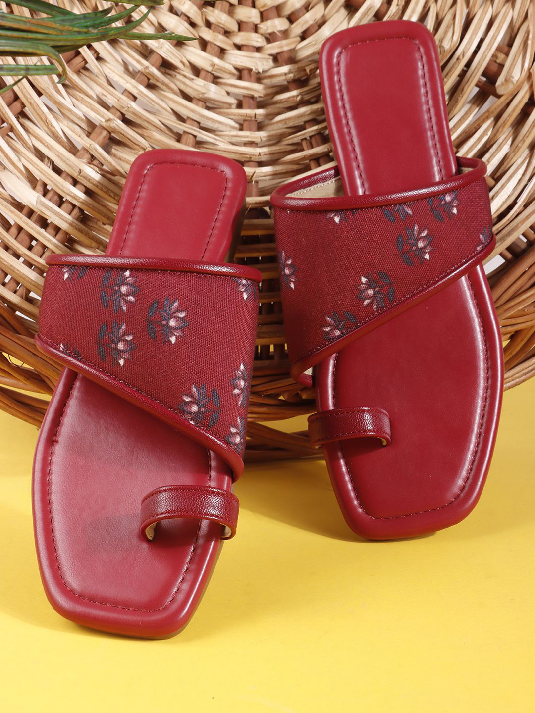 AVIVASTYLE Women Printed Square Toe Western Embellished One Toe Flats