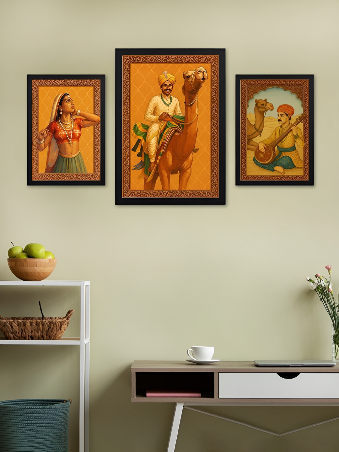 Giftii Desert Harmony Trio Camel Ride & Musical Soul 3 Piece Wood Wall Paintings