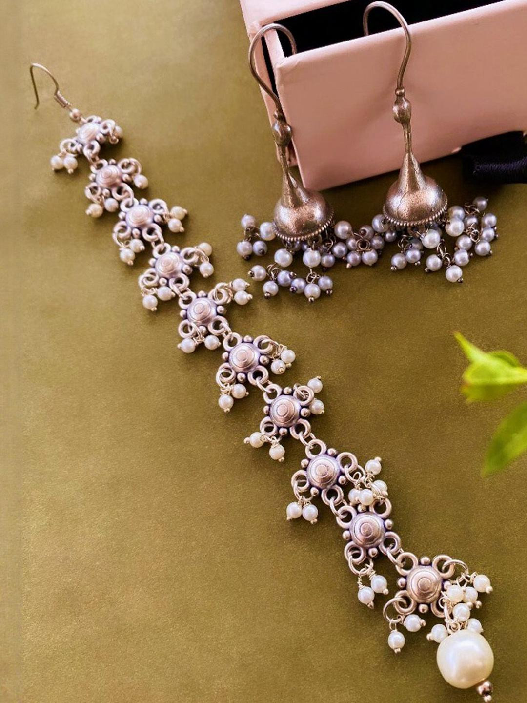 Sangria Set of 2 German Silver Plated & Floral Shaped pearl drop Maangtikka & Jhumkas