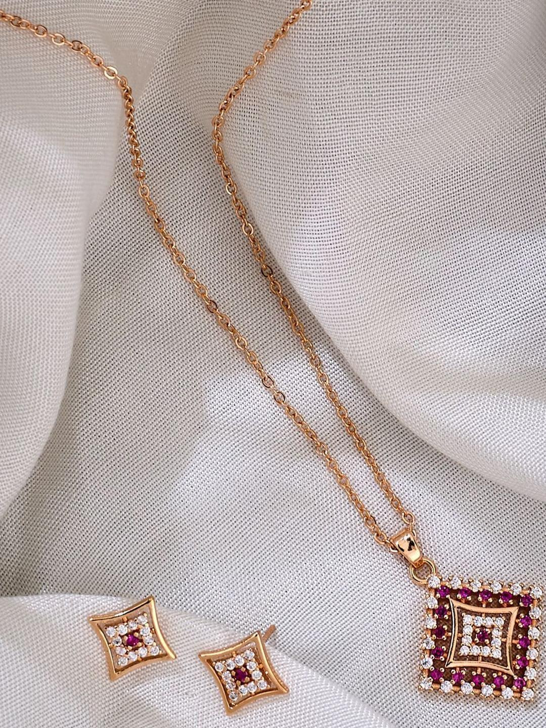 Anouk rose gold plated & purple-white cubic zirconia stone-studded square shaped jewellery set