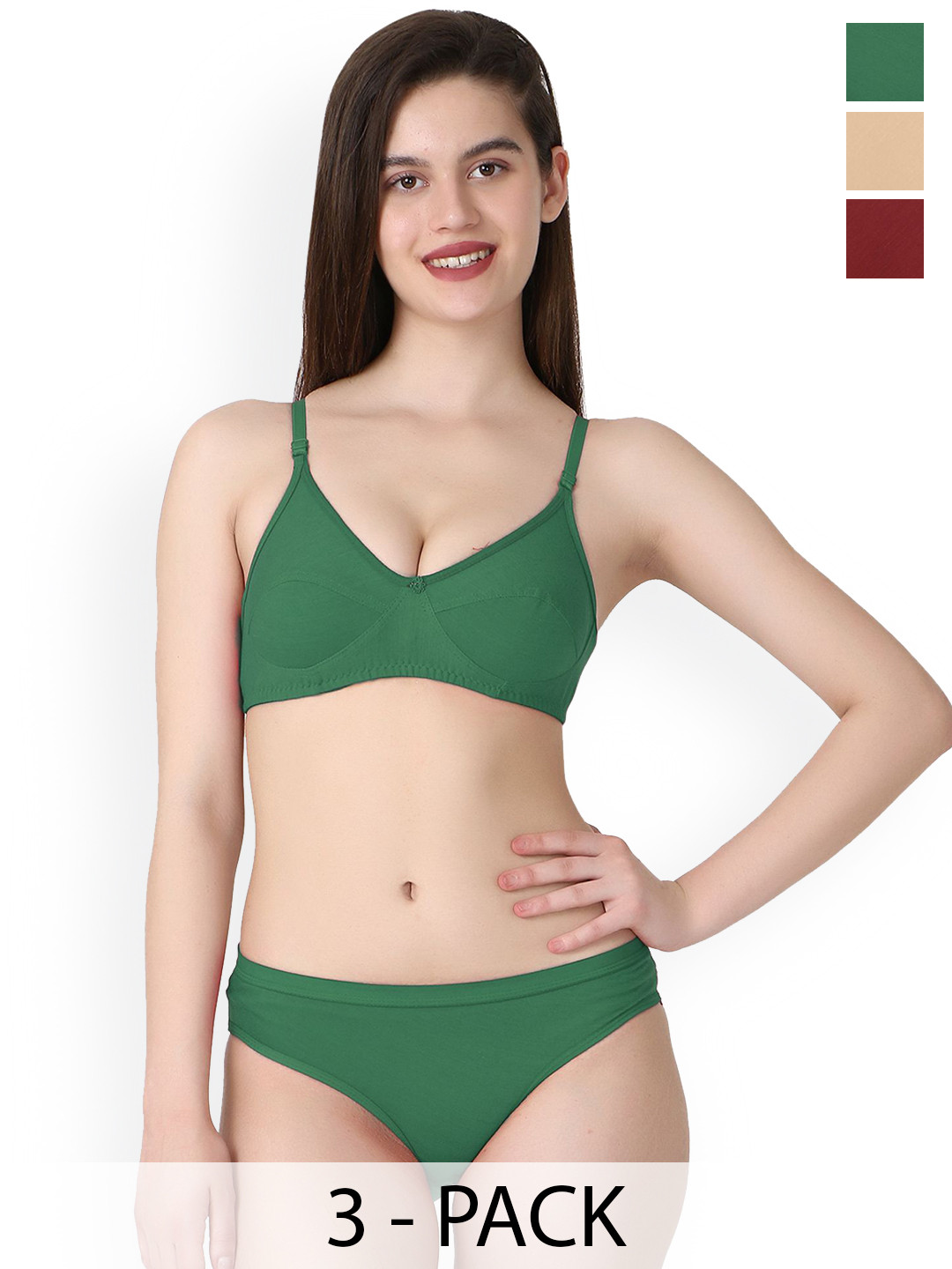 PIBU Pack Of 3 Cotton Non-Padded Lingerie Sets B-Ruchi-Sett_Br,M,G-Brown,Maroon,Green
