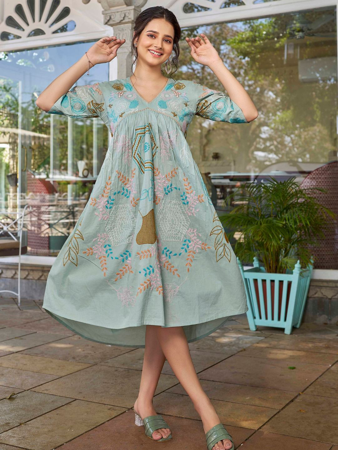 PEACH PIPER Women Ethnic Motifs Embroidered V-Neck Cotton A-Line Knee Length Dress