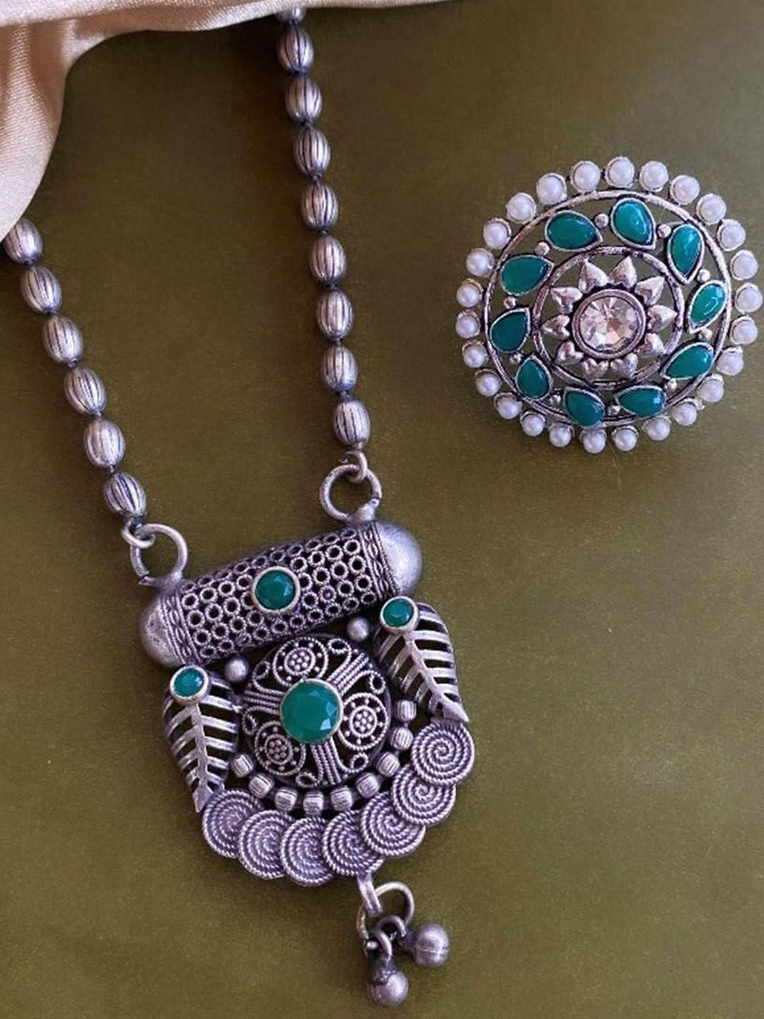 Sangria Set of 2 German Silver Plated & Green Stone Studded floral shaped Ring & Necklace