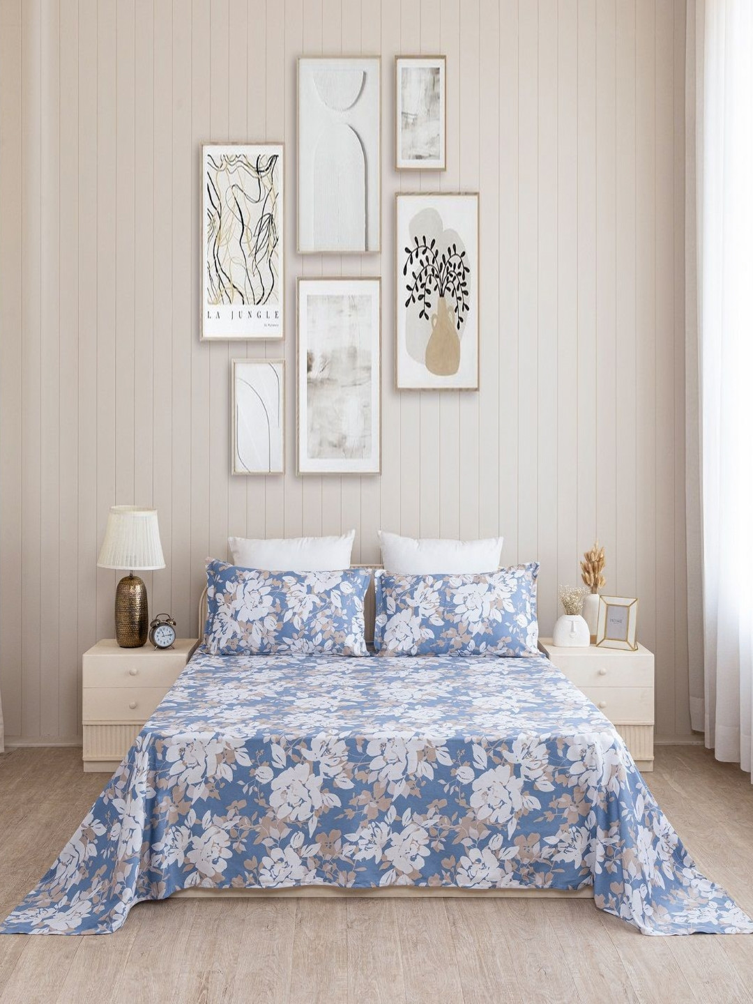 HOMEMONDE Blossom Haze Blue Floral Cotton Anti-Microbial 210 TC Super King Fine Bedsheet with 2 Pillow Covers-108 x 108 inches