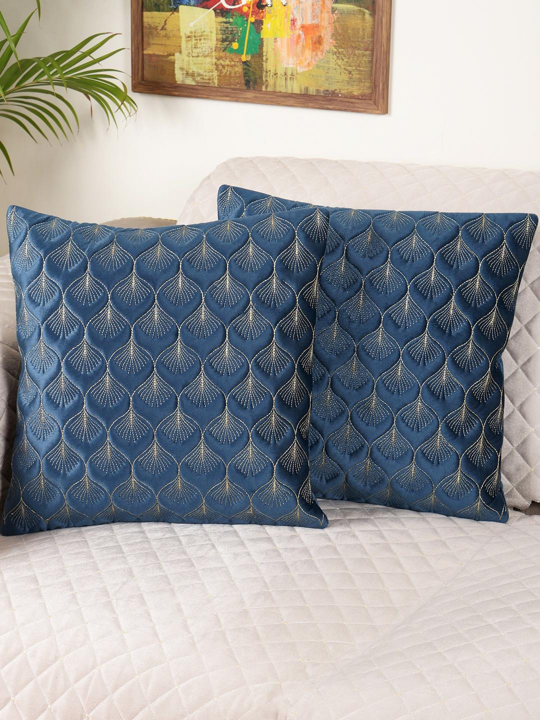 MONKDECOR Set Of 2 Blue Velvet Square Cushion Covers