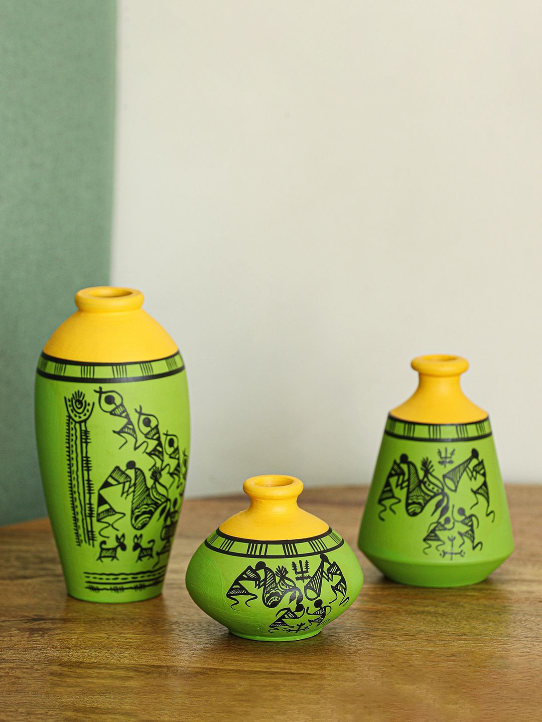 ExclusiveLane Warli Tales 3-Pc Lime Green & Yellow Printed Terracotta Vases