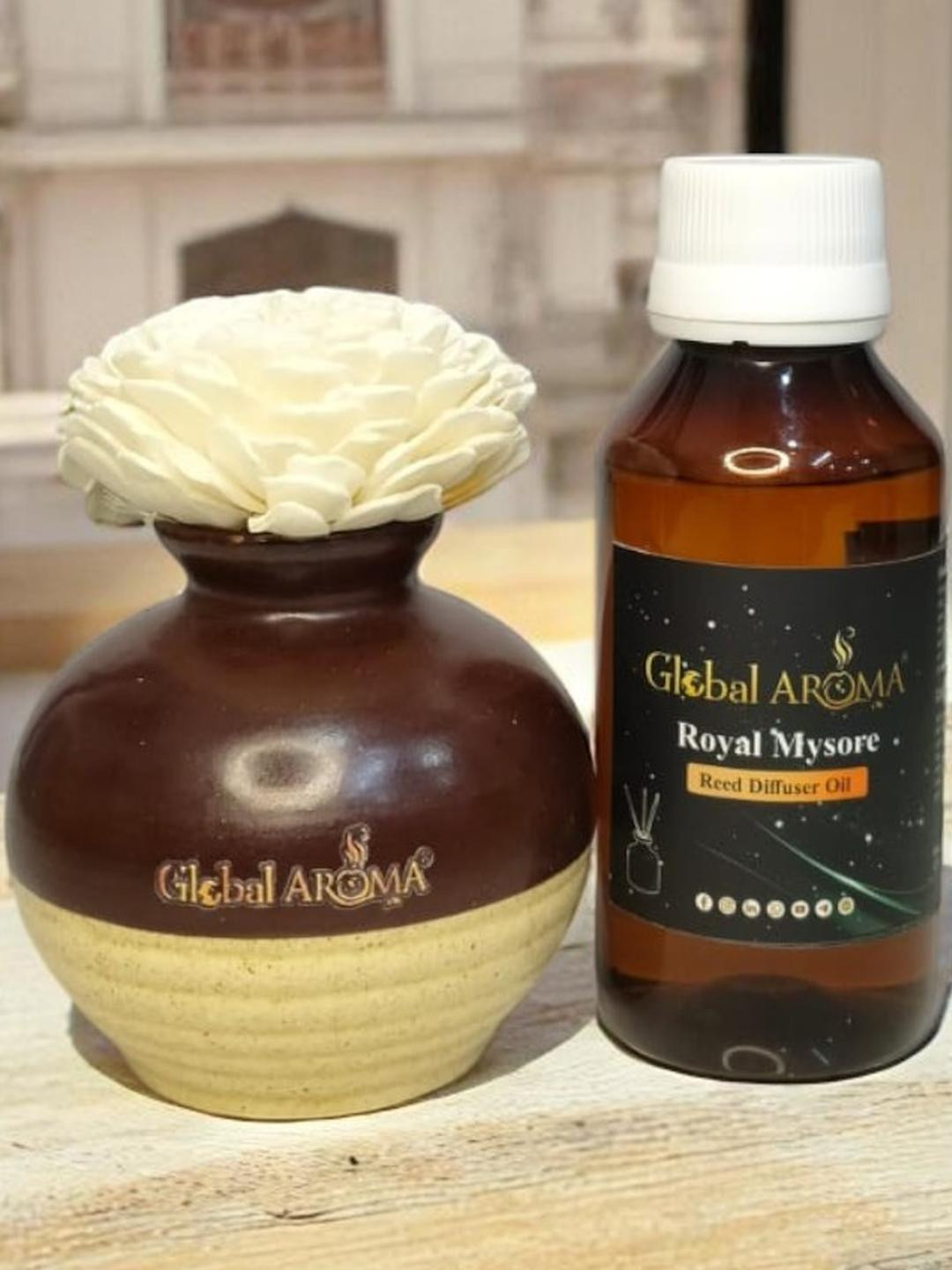 GLOBAL AROMA Royal Mysore Fragracne Ethenic Flower Pot Reed Diffuser Set