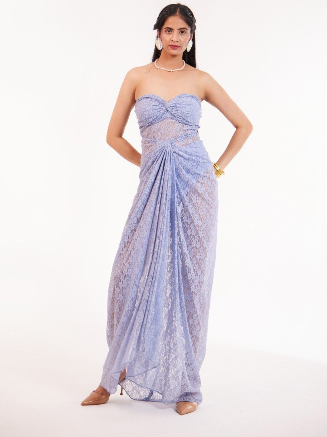 THE BEHRUZ THEORY Women Strapless Semi Sheer Maxi Dress