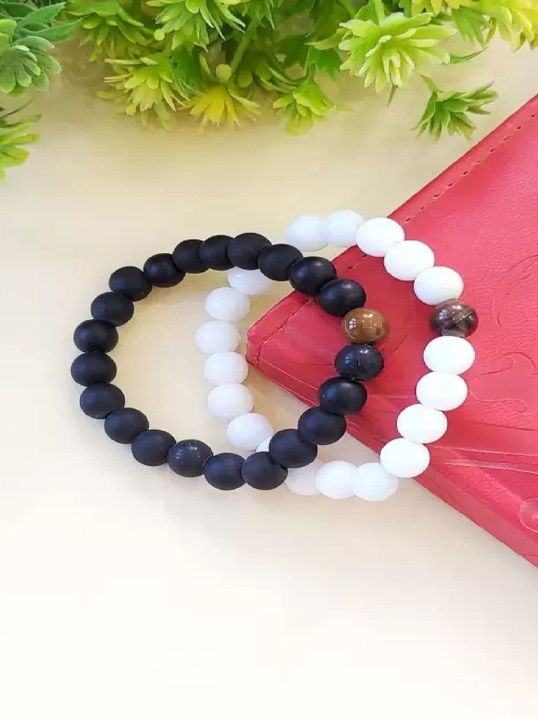 Crazy Fashion Unisex Set Of 2 Stainless Steel Tiger Eye Beaded Elasticated Bracelets