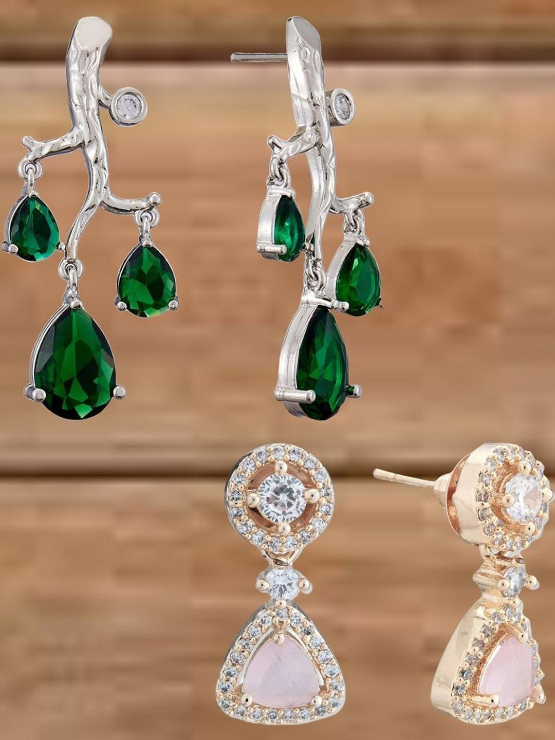 Anouk Set Of 2 Rose Gold-Plated And White Cubic Zirconia Studded Geometric Drop Earrings