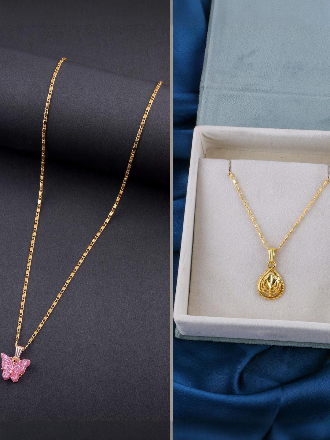 DressBerry Set of 2 Gold-Plated Shining Butterfly & Teardrop Shaped Pendants with Chains