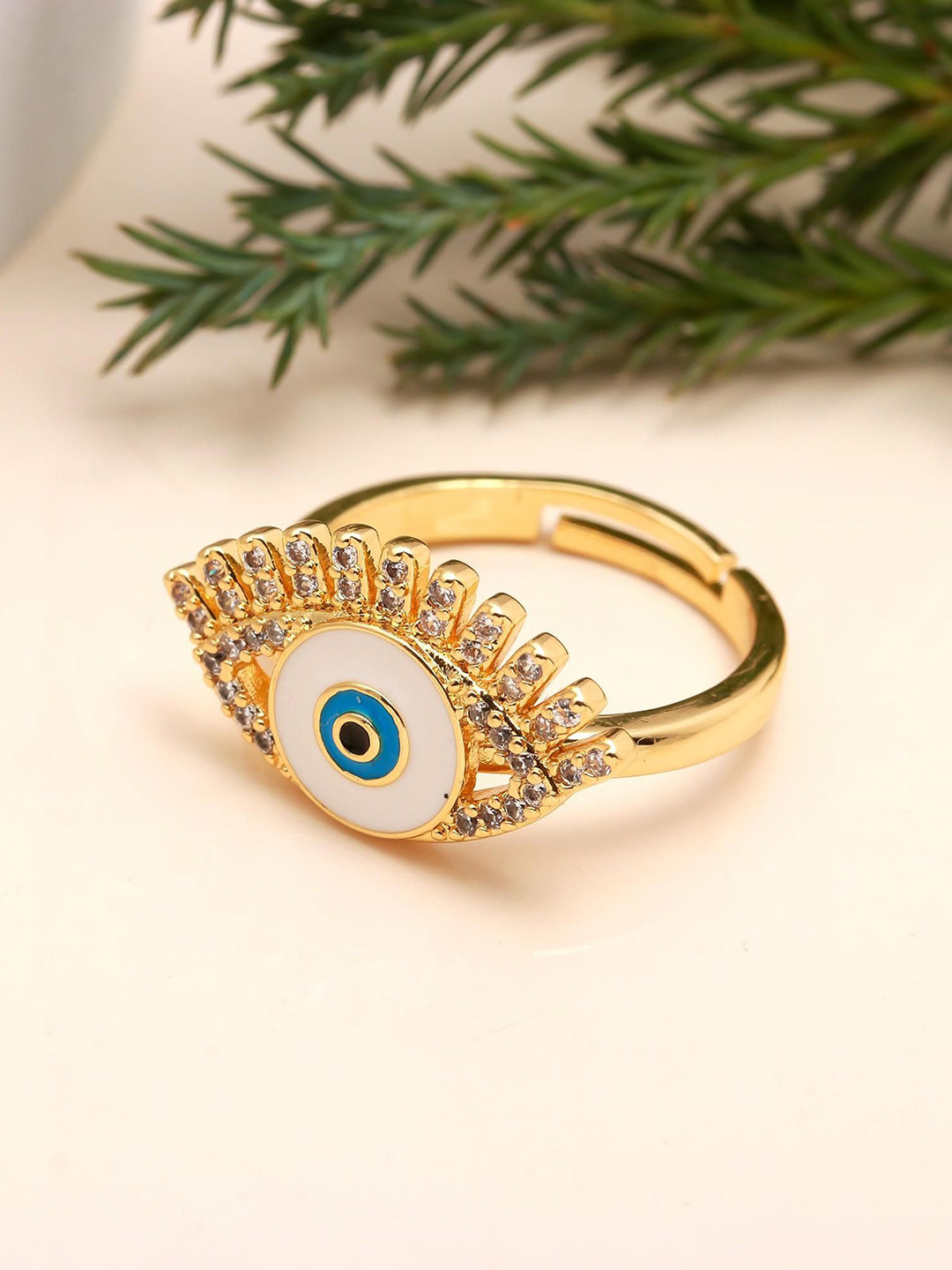 ORO ALMA Gold-Plated Stone Studded Evil-Eye Adjustable Finger Ring