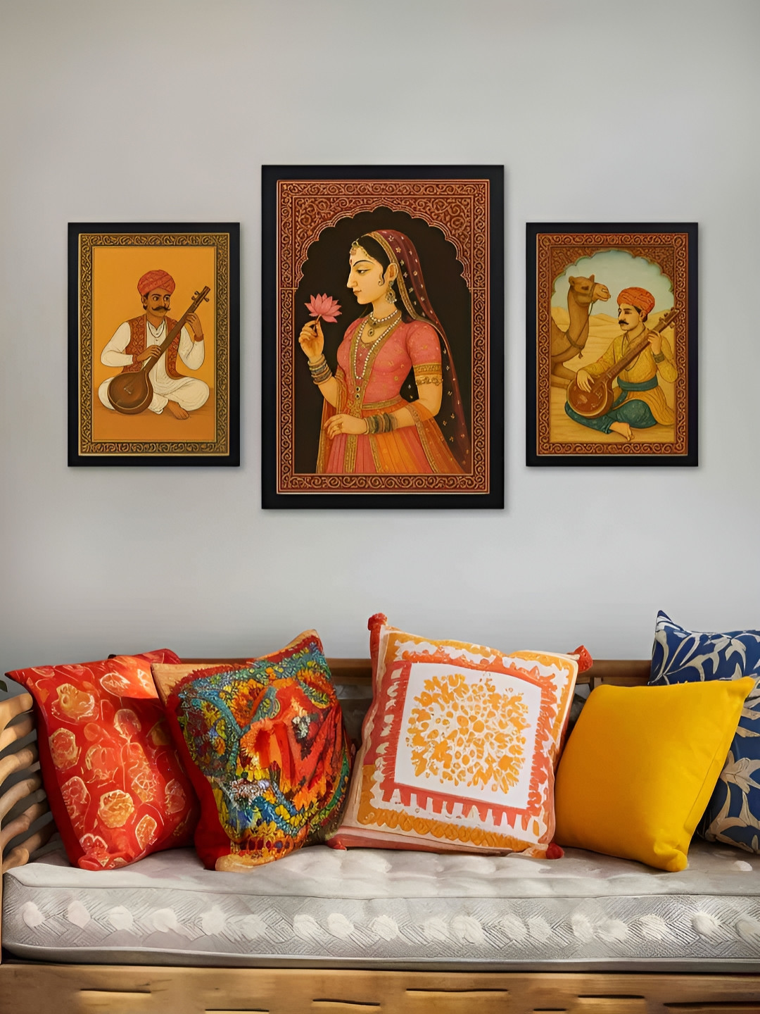 Giftii Folk Melody Rajasthani Musician Wood 3 Pcs Wall Rectangle Paintings Wall Art