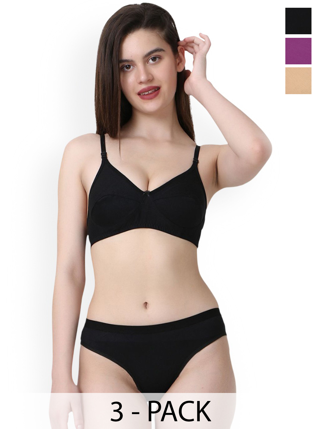 PIBU Pack Of 3 Cotton Breathable Lingerie Set B-Ruchi-Sett_Bl,Pu,Br-Black,Purple,Brown