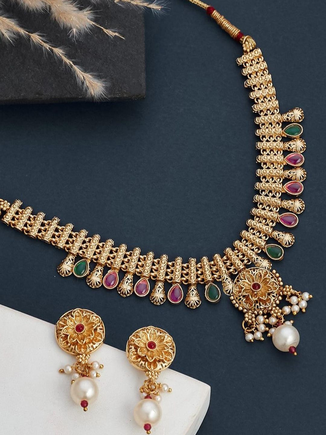 Anouk Gold Plated & Floral shaped Multicolour Stone Studded Jewellery Set