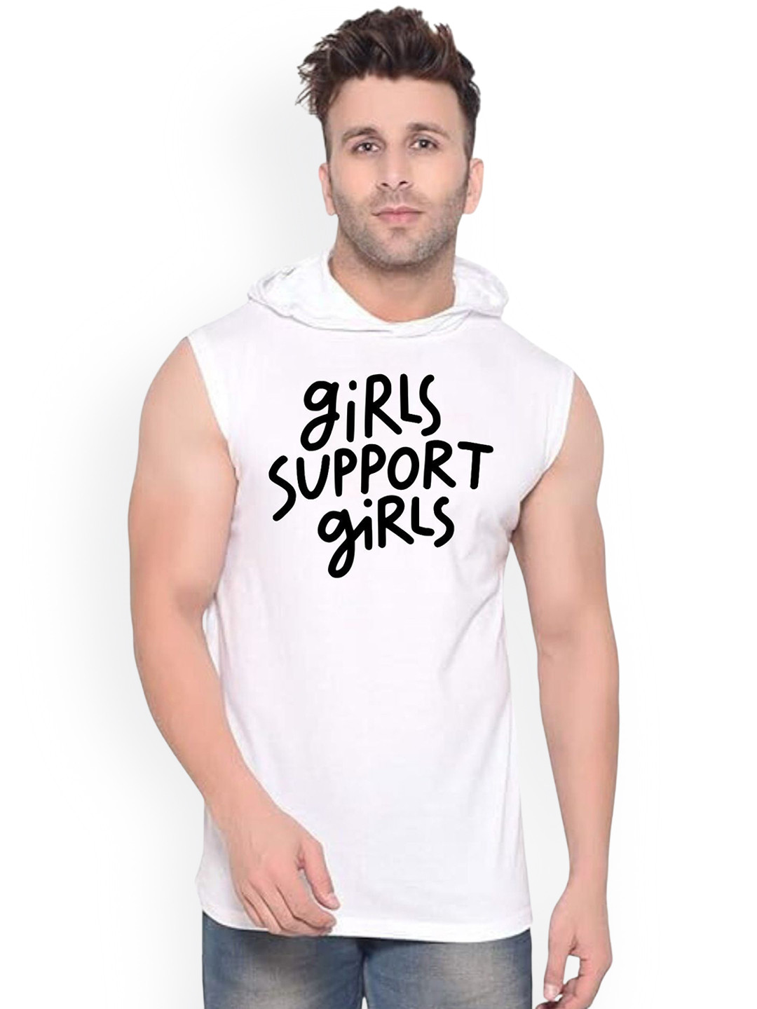 FABSTIEVE Girls Support Girls Printed Hooded Gym Vest-vk t-050_Print-240_gym_vest White M