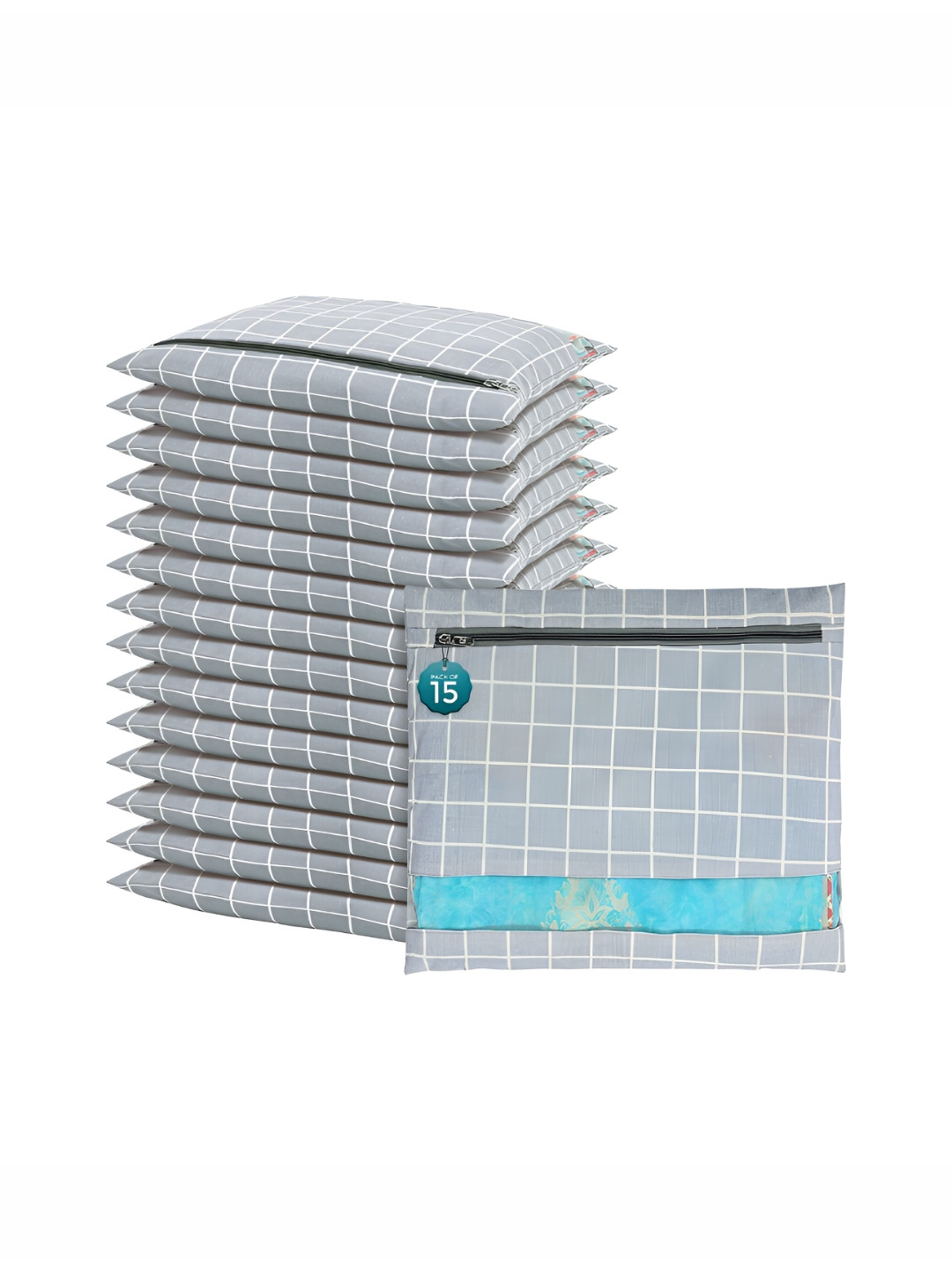 Aura Grey 15 Pcs Mesh Window Cotton Single Saree Covers & Storage Multi-Utility Organisers
