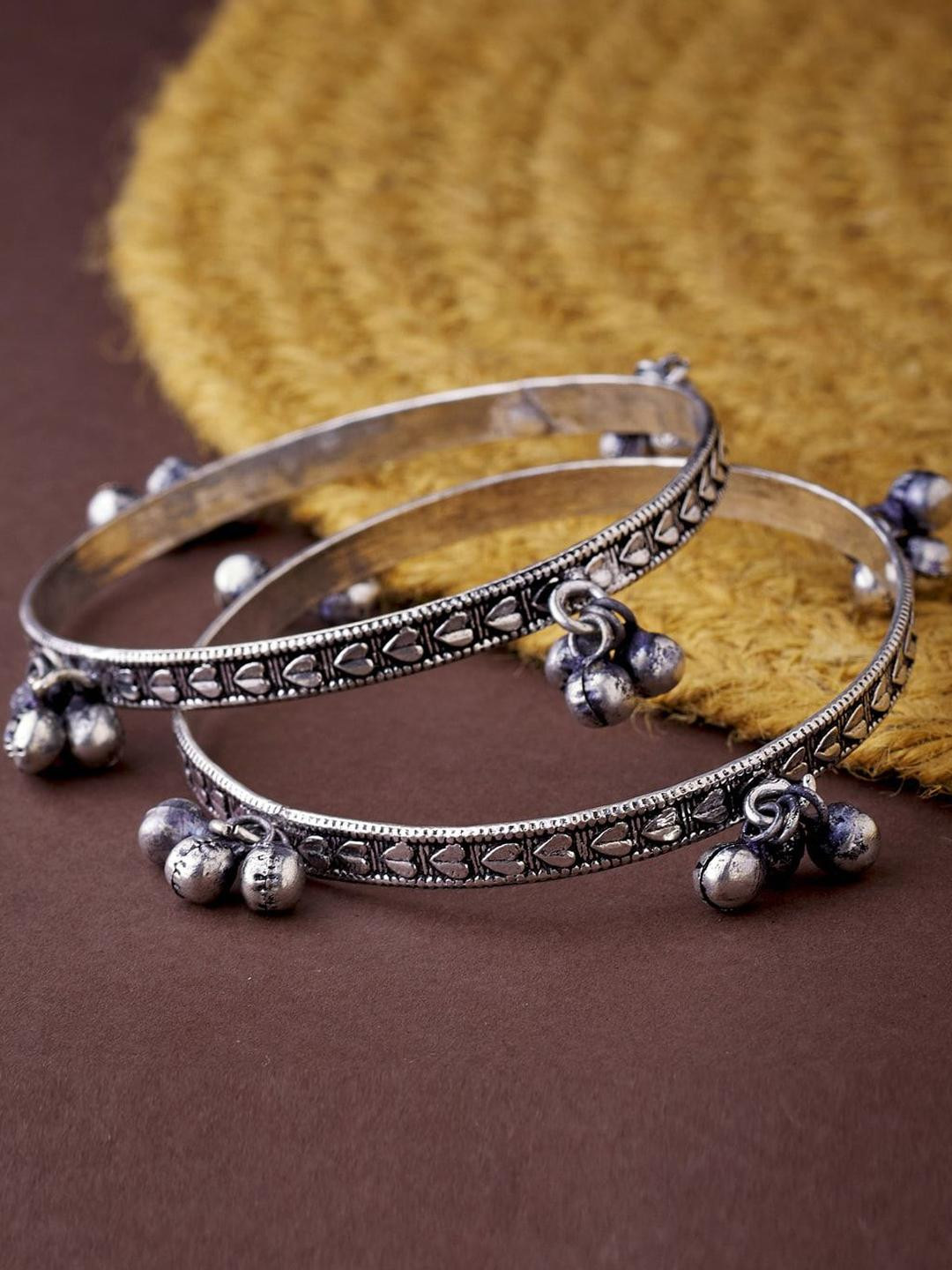 Sangria Oxidised Silver-Plated German Silver Set of 2 Leaf Textured Bangles with Ghungroo