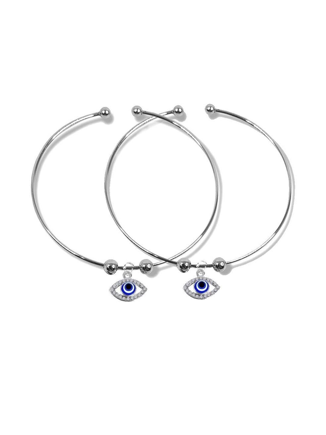 Inites Women Set Of 2 Silver-Plated Nug Evil Eye Bangle Kada Bracelet