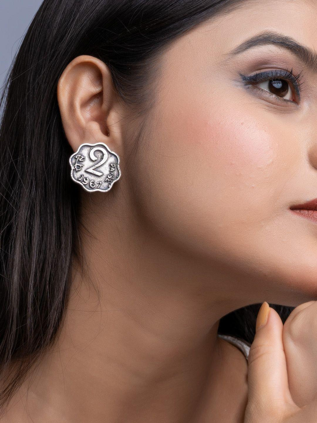 Look and Adorn Oxidised Silver 2 Paise Stud Earrings