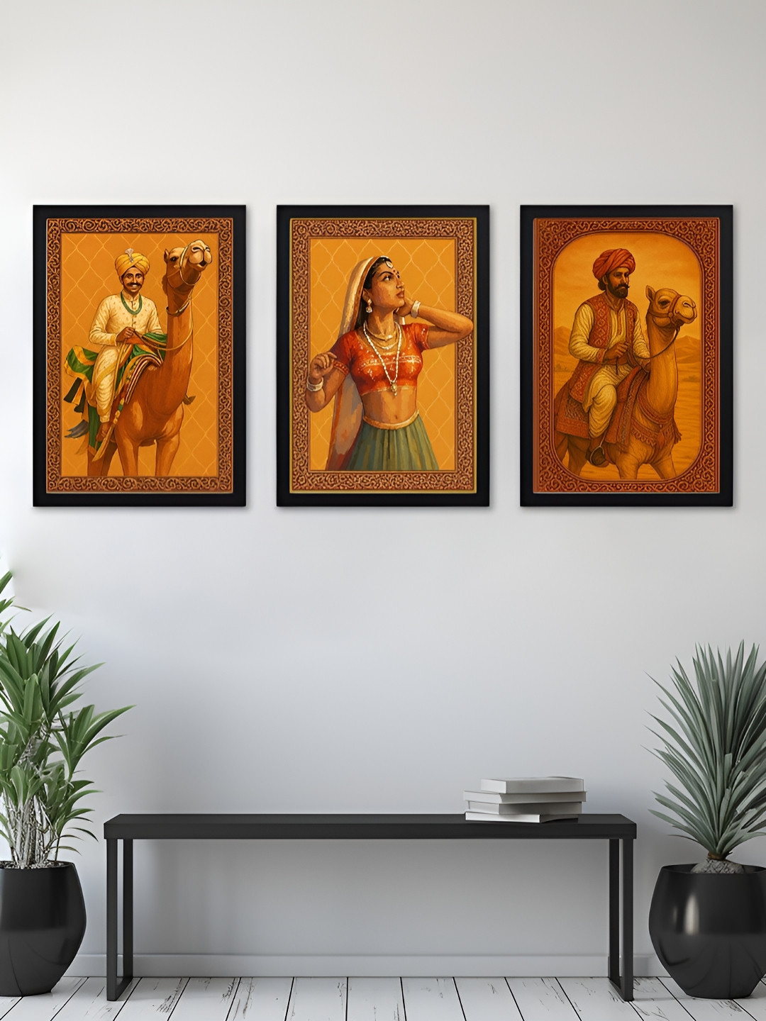 Giftii Rajasthani Trio Traditional Wood 3 Piece Rectangle Paintings Wall Art -18 x 13 In