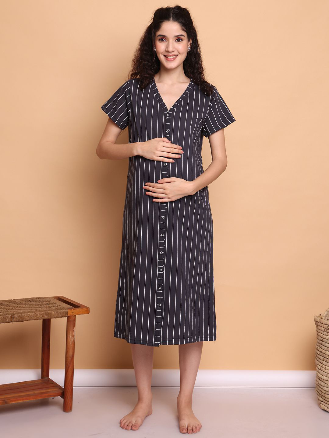 Secret Wish Black Striped Hosiery Zipless Maternity Nighty