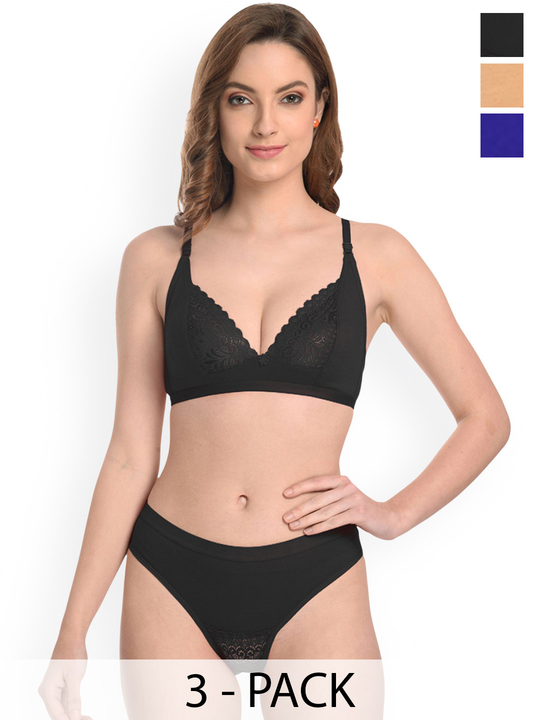 AROUSY Pack Of 3 Cotton Non-Padded Lingerie Sets B-Yani Set_B,Bl,Br-Blue,Black,Brown