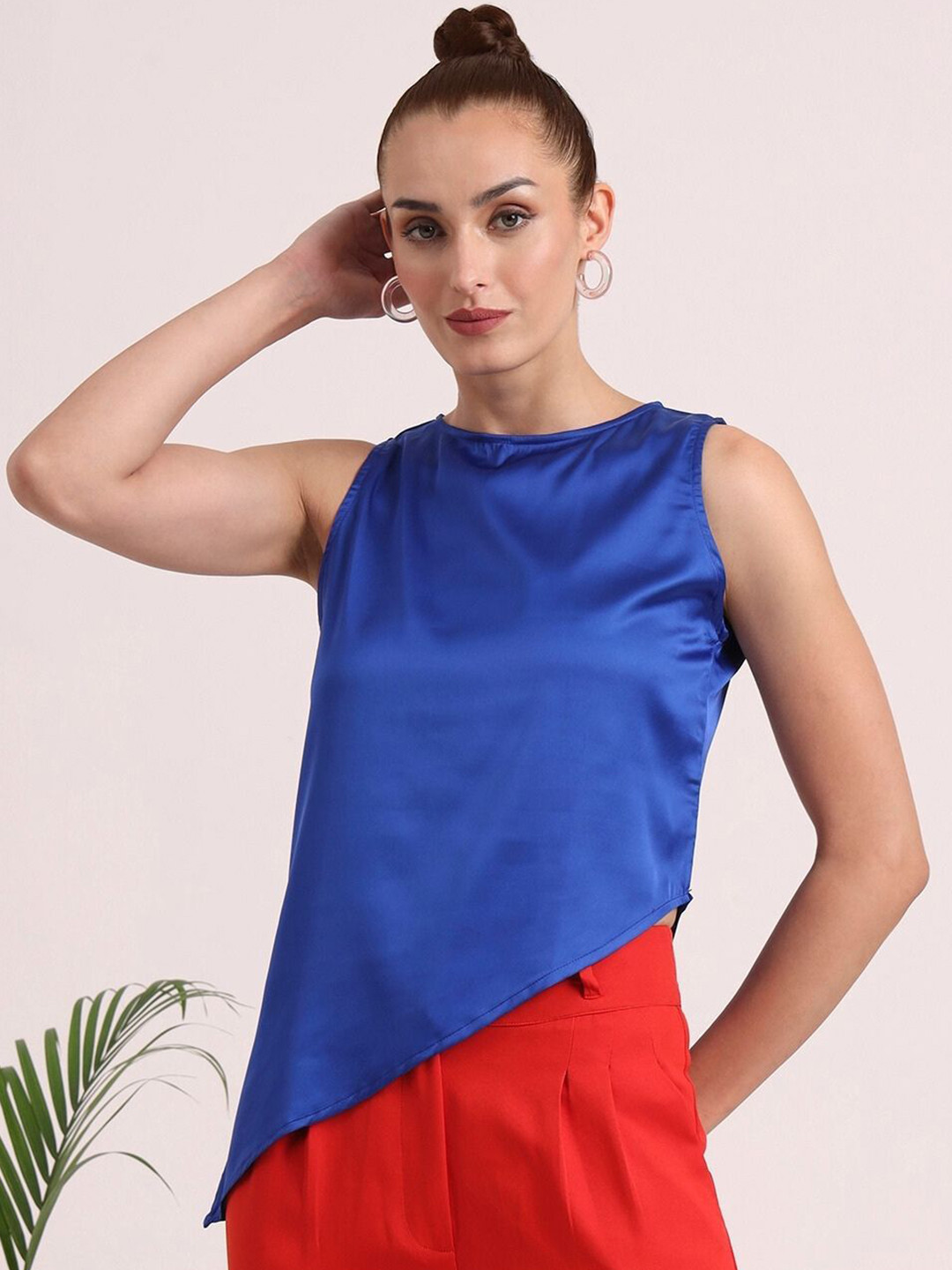 AMSWAN Women European Satin Sleeveless A Symmetric Top