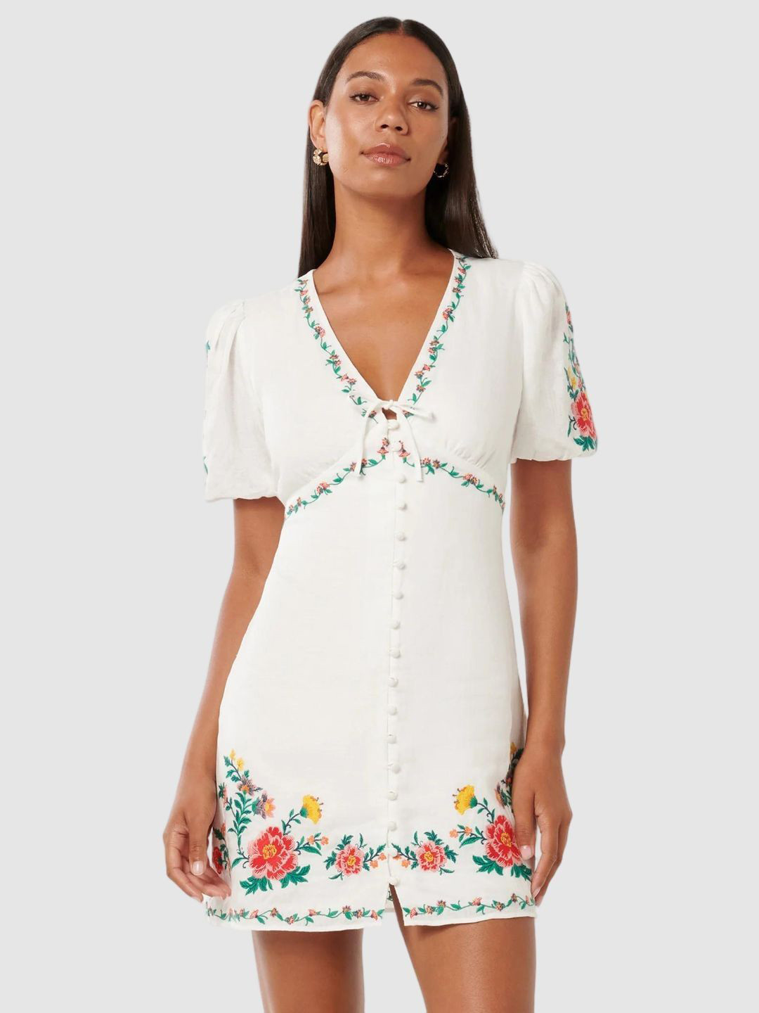 Forever New Women Floral Embroidered Puff Sleeve Linen A-Line Mini Dress