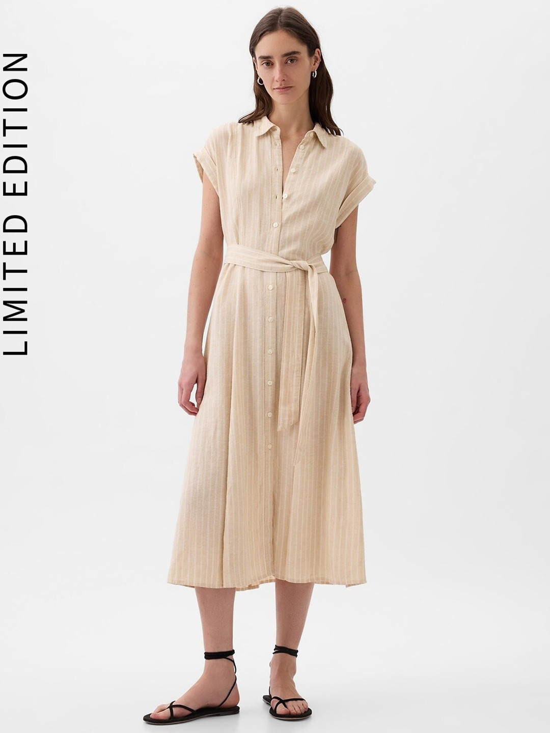 GAP Limited Edition Striped Linen Cotton Shirt-Style Midi Dress With Belt