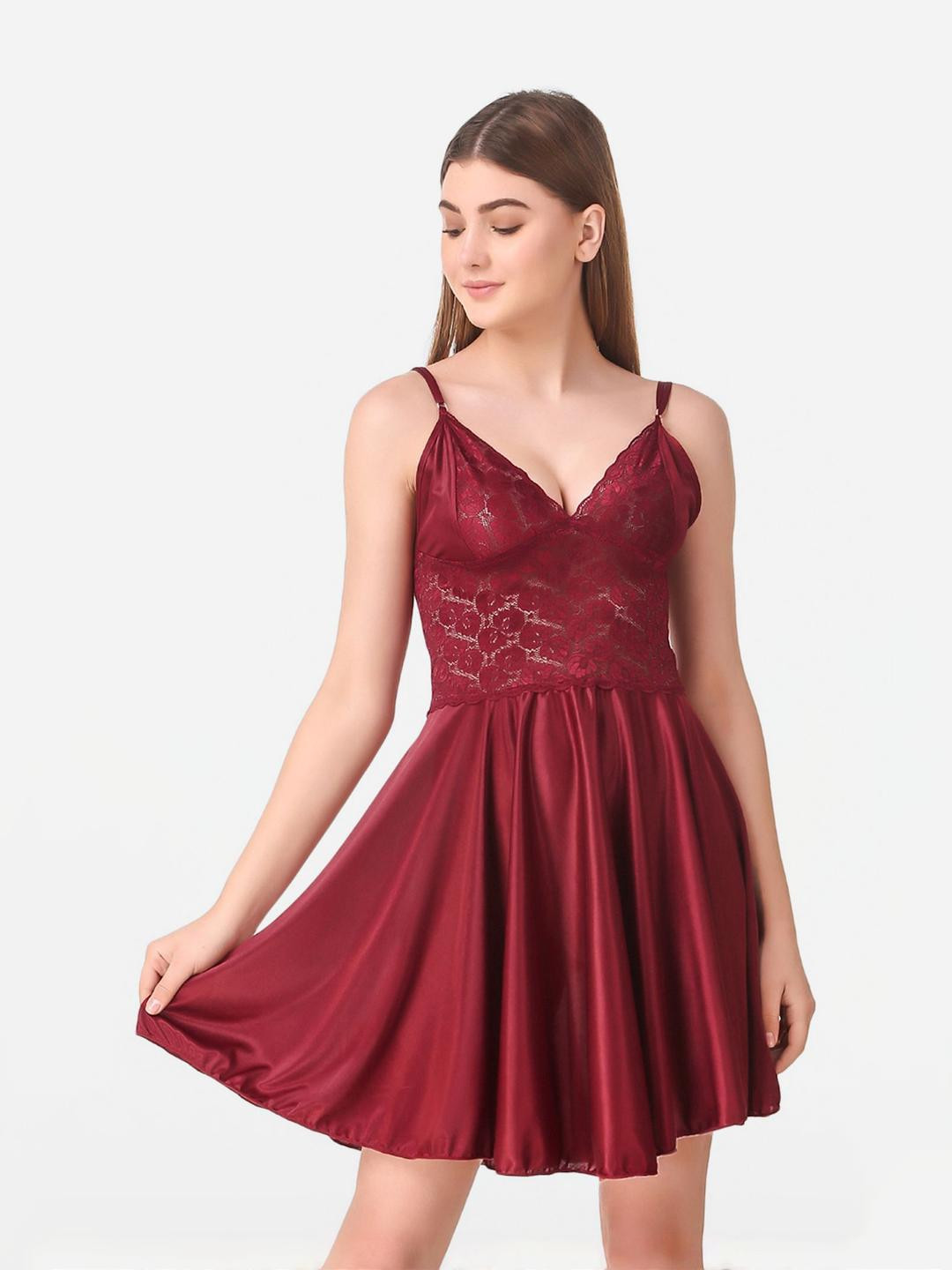 Dreambe Women Maroon Satin Baby Dolls