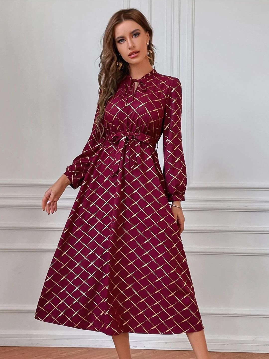 Stylecast X Kotty Printed Tie-Up Neck Puff Sleeve Fit & Flare Midi Dress