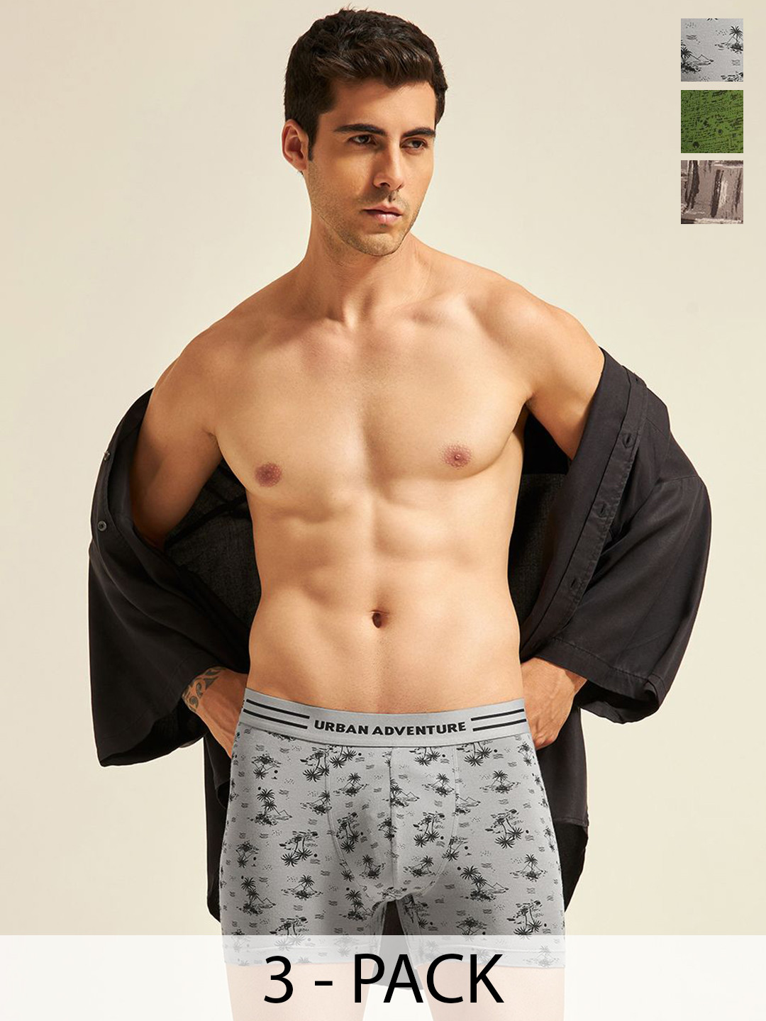 URBAN ADVENTURE Pack Of 3 Printed Breathable Trunks 3UAM-015-P(GRN-GRY-BRN)