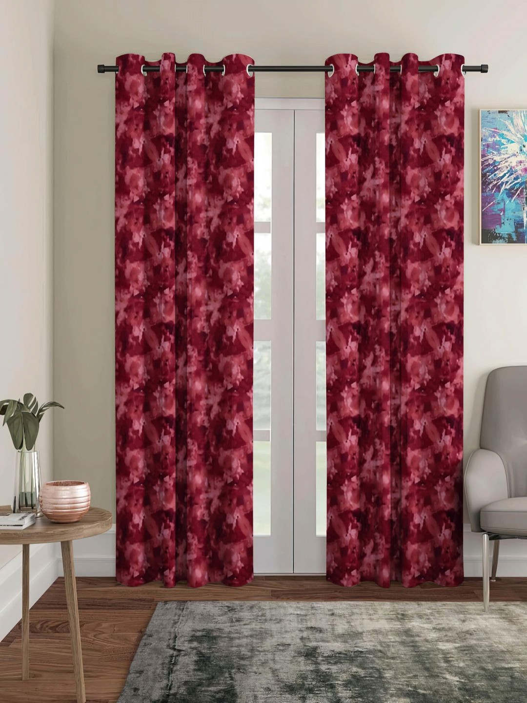 Myntra Elegant Homes Red Set of 2 Floral Black Out Long Door Curtain