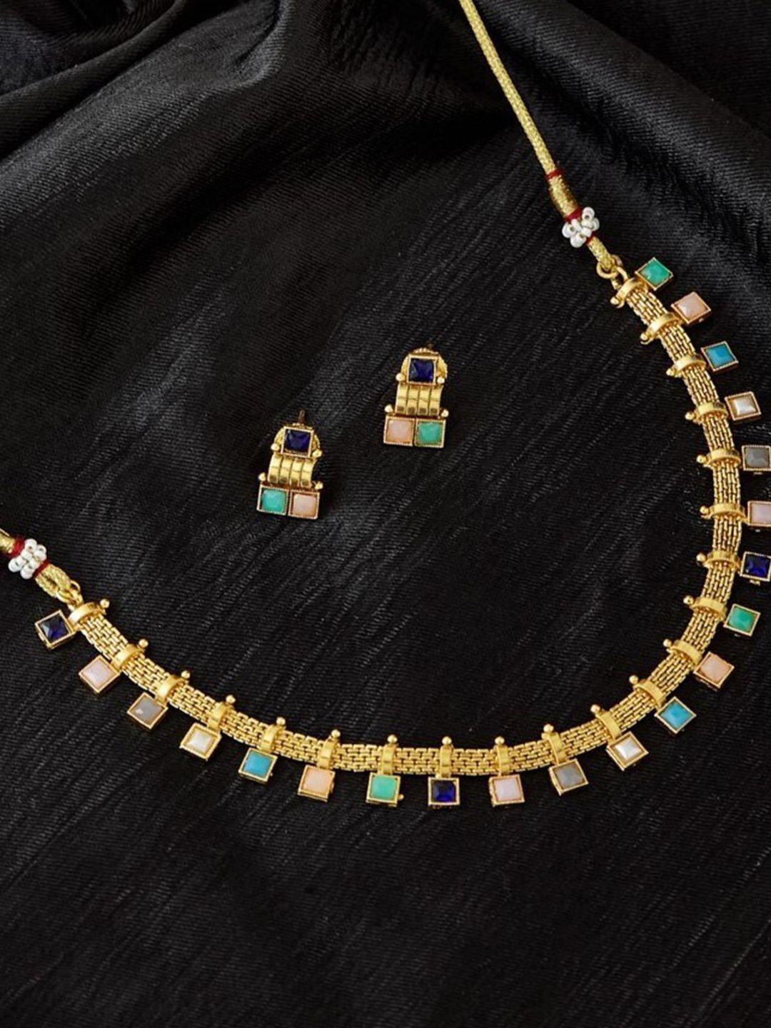 Anouk Gold Plated & Multicolour Stone Studded square shaped jewellery set