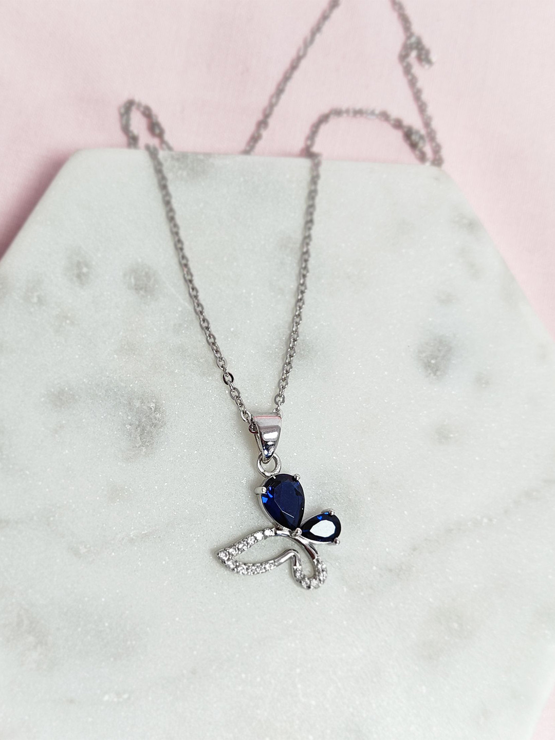 INARI SHINES 925 Sterling Silver Rhodium-Plated Sapphire Studded Butterfly Pendant Chain