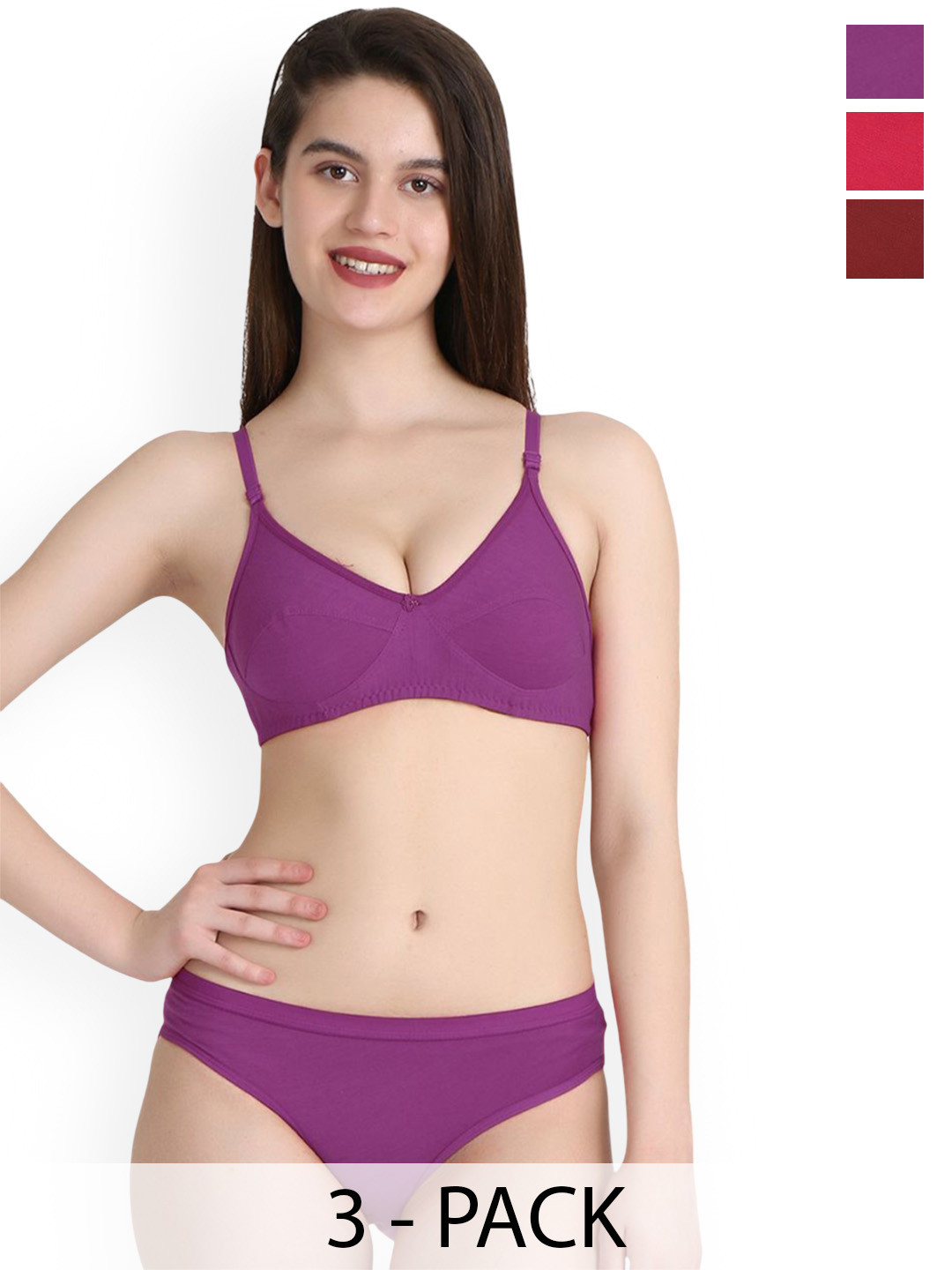 PIBU Pack Of 3 Cotton Non Padded Laced Lingerie Set A-Ruchi-Sett_Pu,P,M